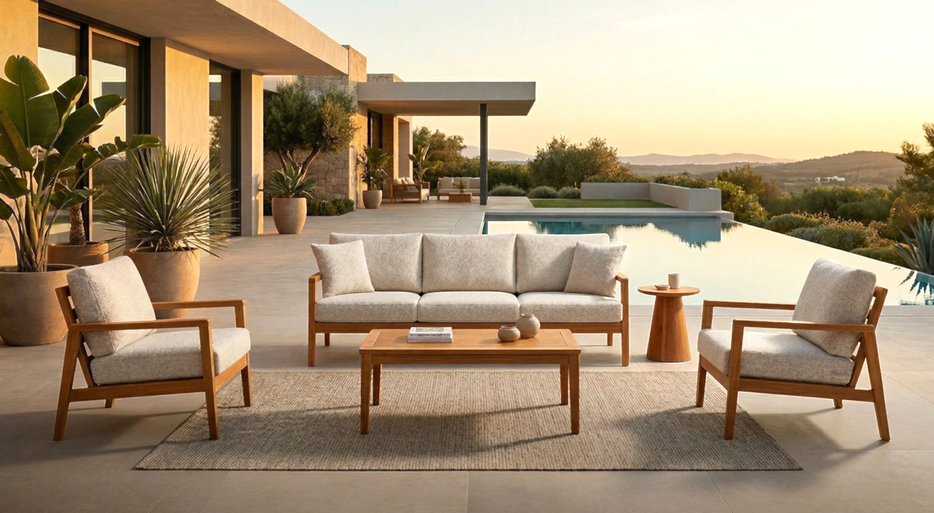 Minimal tasarımlı iroko bahçe takımı, havuz başında üçlü koltuk, iki tekli koltuk ve ahşap sehpa
