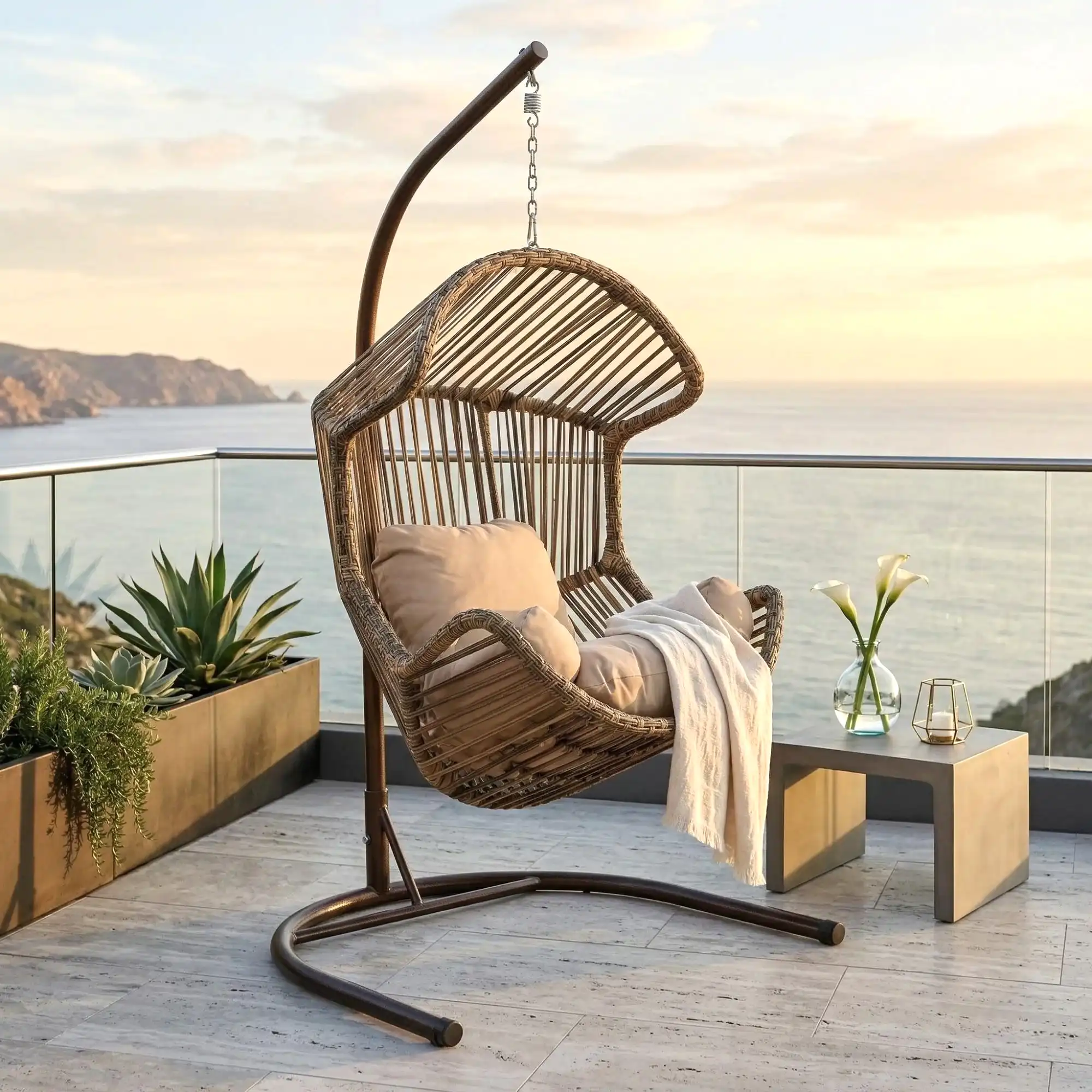 Rehome Akçay Tek Kişilik Rattan Bahçe Salıncağı | Açık Kahve