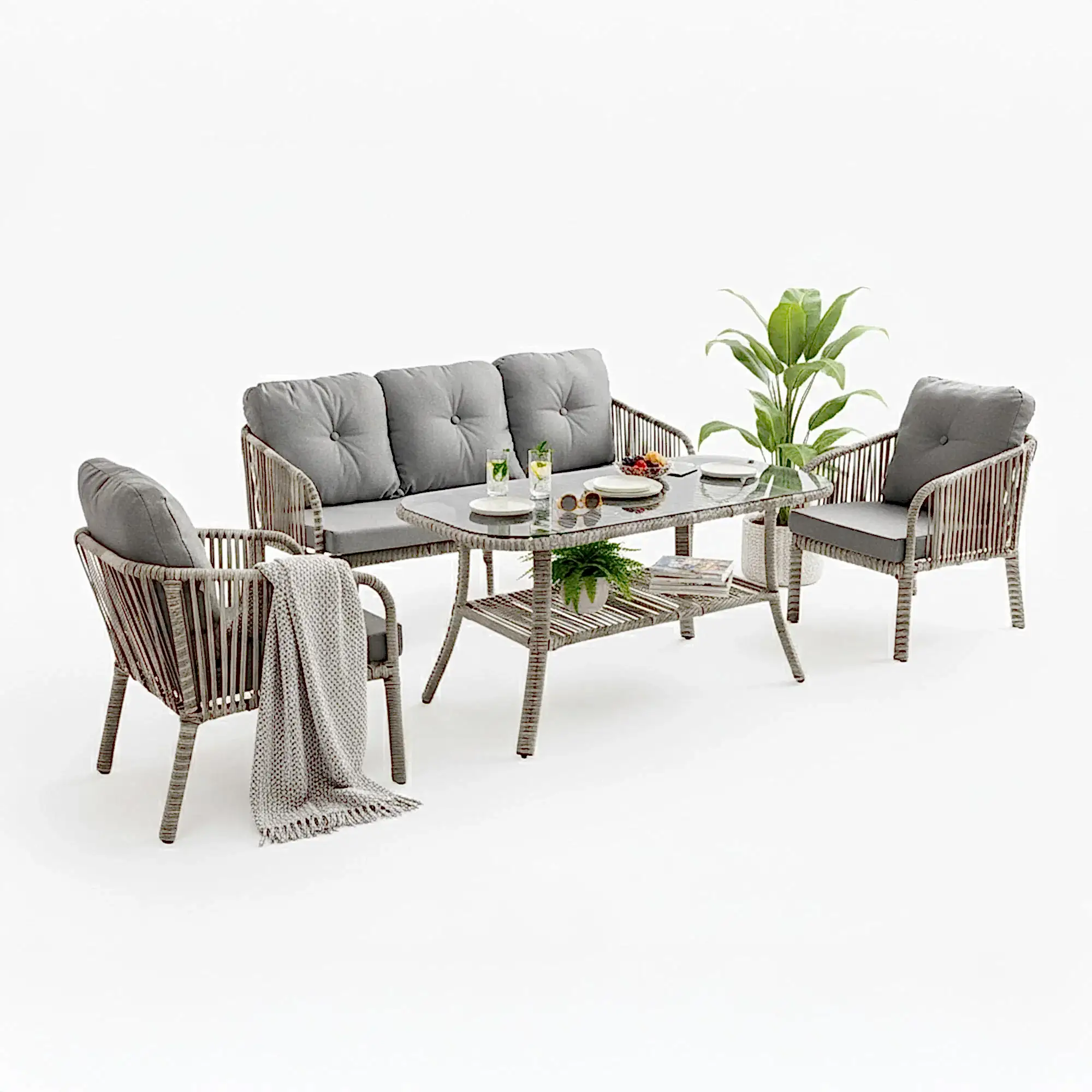 Capri Swing Artemis Üçlü Rattan Balkon Bahçe Takımı | Beyaz