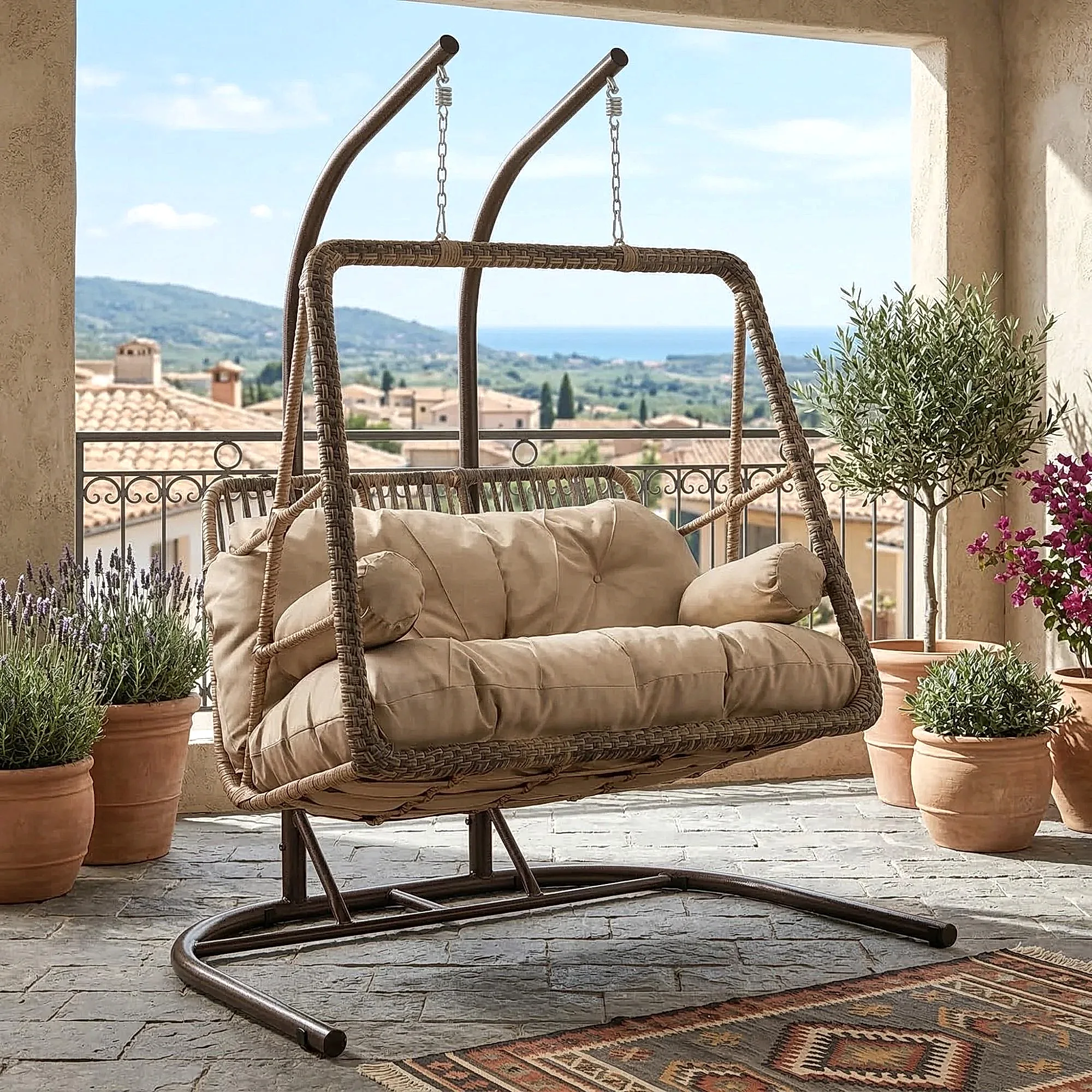 Rehome Hazar Çiftli Rattan Bahçe Salıncağı | Açık Kahve