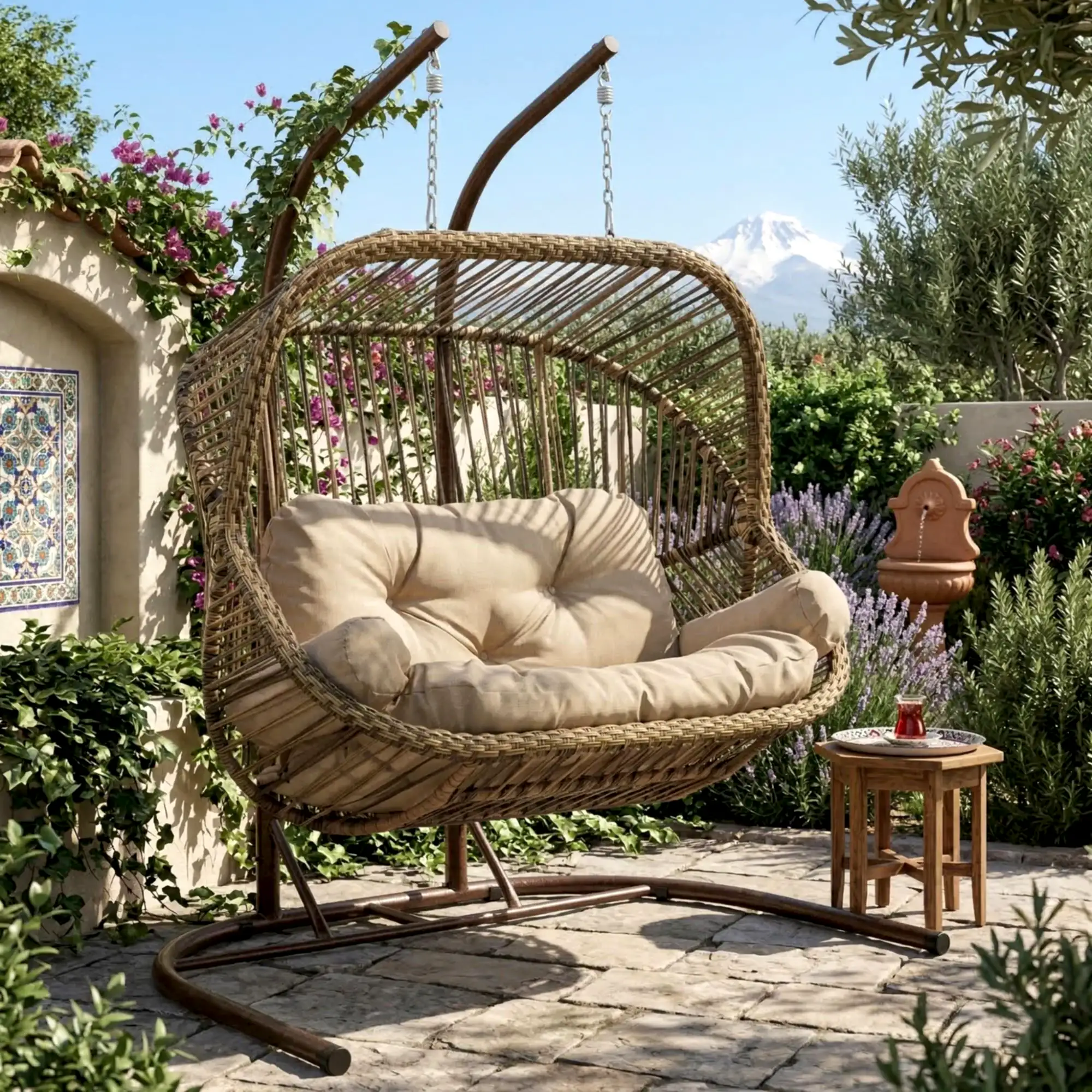 Rehome Kapadokya Çiftli Rattan Bahçe Salıncağı | Açık Kahve