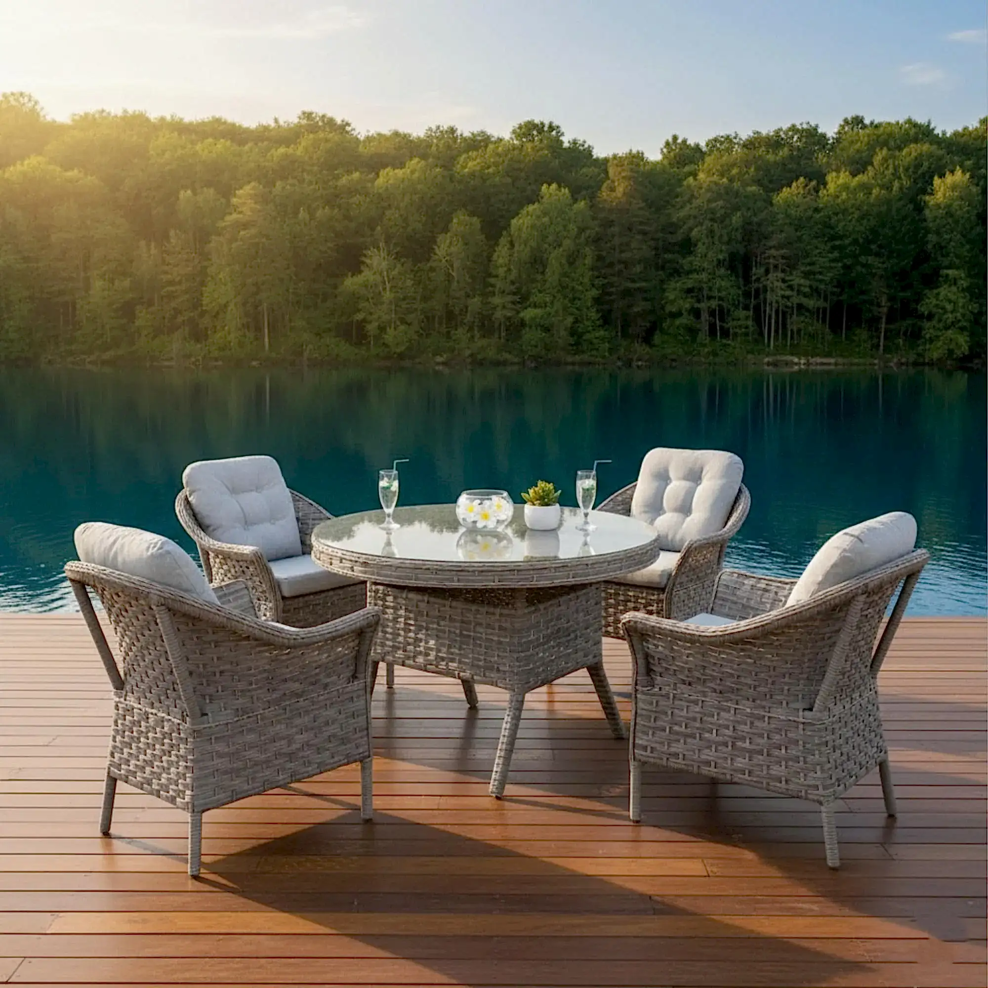 Spark Nova 110 cm Rattan Yuvarlak Minderli Bahçe Masa Takımı