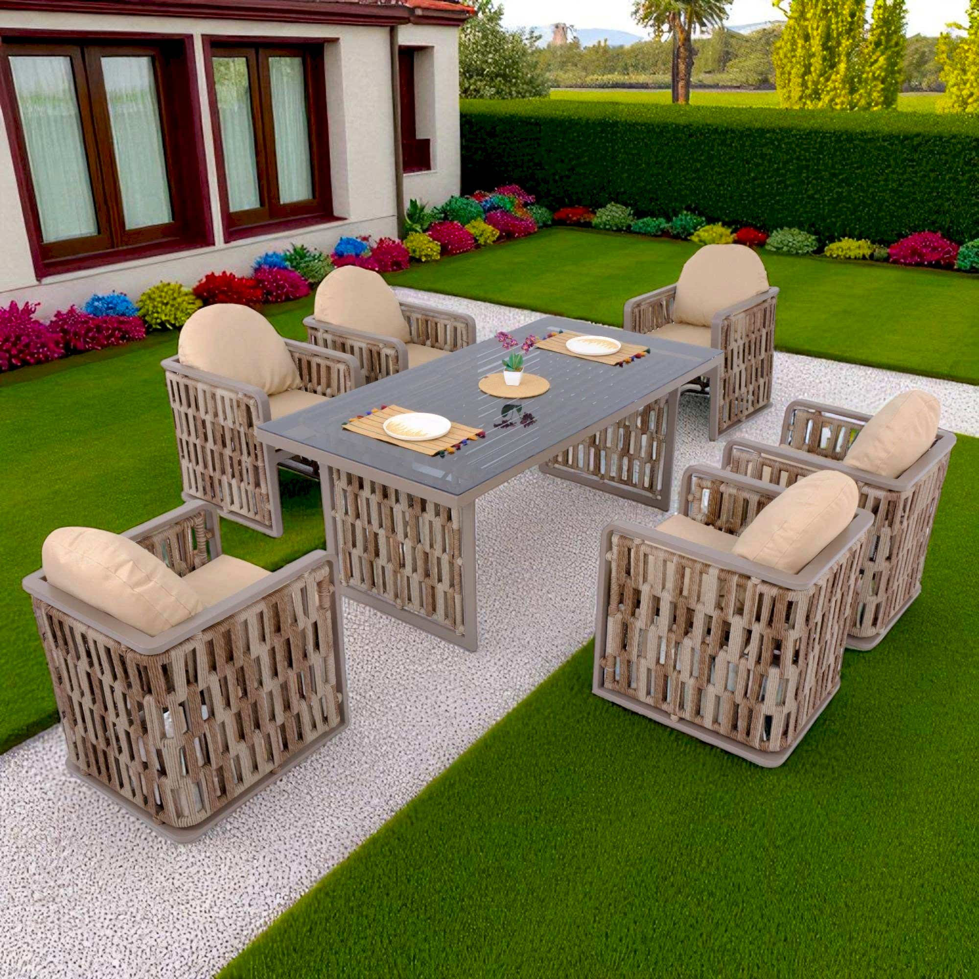 Talia | Rattan Bahçe Masa Takımı | 100X200 6 Kişilik Bahçe Mobilyası